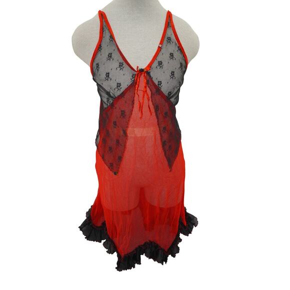 Yandy Red & Black Sheer Skull Lace Slip Dress L/XL – Gothic Punk Mesh Babydoll - Picture 10 of 11